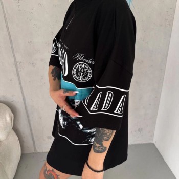 Kadın Baskılı Yarım Fermuarlı Kısa kol T-Shirt - Siyah